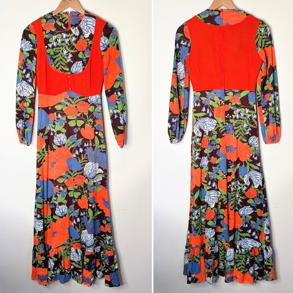Vintage Patricia Fair Dress 70's Floral Orange Hippie Maxi Vest Overlay Women S